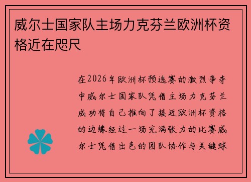 威尔士国家队主场力克芬兰欧洲杯资格近在咫尺 威尔士国家队主场力克芬兰欧洲杯资格近在咫尺
