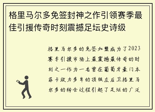 格里马尔多免签封神之作引领赛季最佳引援传奇时刻震撼足坛史诗级